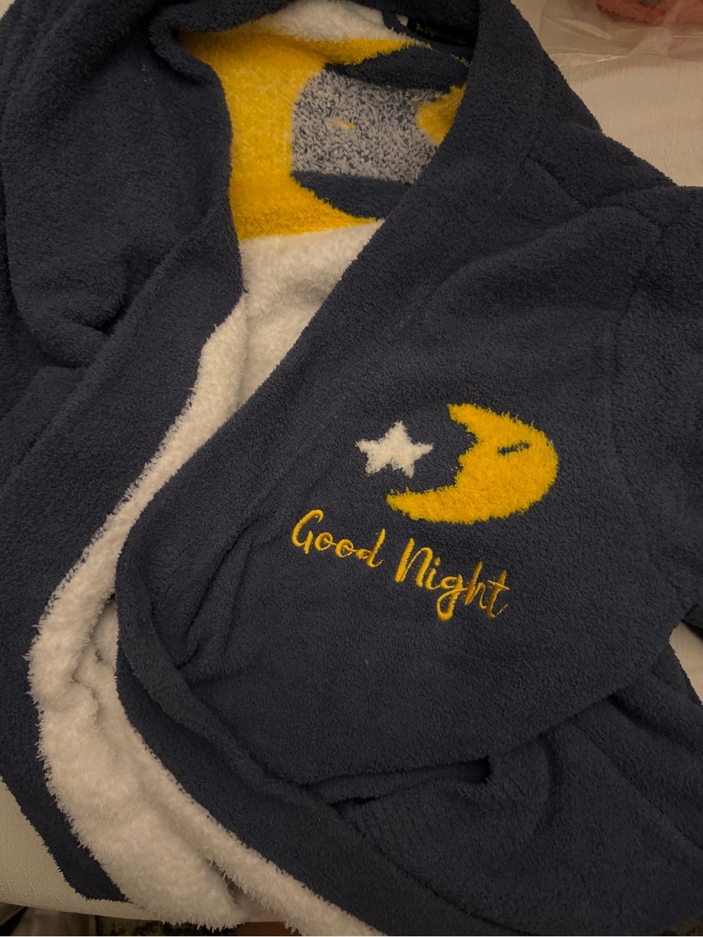 Plush Hooded Robe for Women - Navy 'Good Night' Moon Embroidery